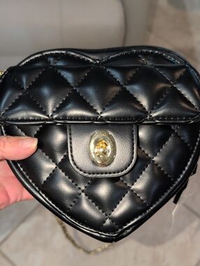 Black Quilted Heart Vegan Leather Crossbody Bag with Gold Hardware